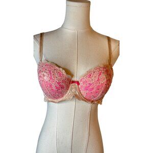 2/$30 Victorias 36C Secret Pink & Beige Lace Dream Angels Dainty Demi Bra